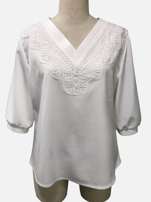 Woman's Casual V Neck Half Sleeve Crochet Splicing Plain Blouses Top, Clothing Wholesale Market -LIUHUA, 