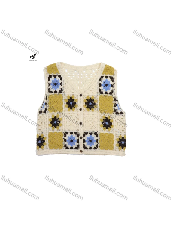 Wholesale Ethnic style embroidered vest V-neck outer with hollow sleeveless embroidered short women's cardigan top knitwear