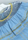 Wholesale Girl's Denim Round Neck Embroidery Bell Sleeves Mesh Floral Print Cutout Top With Belt - Liuhuamall