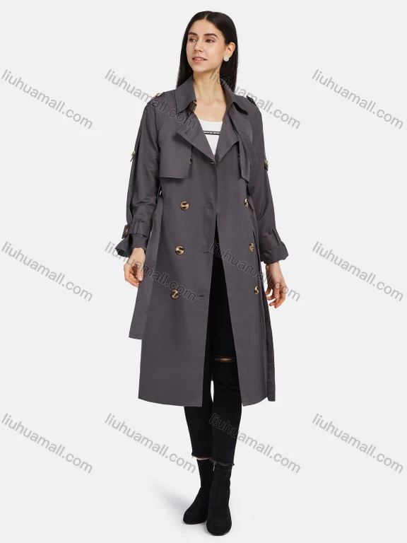 Wholesale Women's Lapel Straps Double Breasted Belted Pockets Plain Mid Length Trench Coat