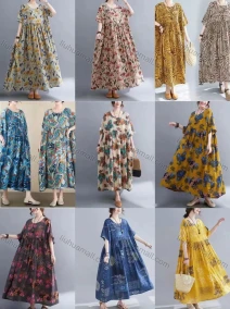 Wholesale Women's Casual Scoop Neck Short Sleeve Shirred Allover Print Maxi Dress, LIUHUA CLOTHING WHOLESALE