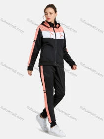 Wholesale Women's Sporty 2 Pieces Colorblock Hooded Pockets Zipper Jacket & Drawstring Jogger Pant Sets, LIUHUA CLOTHING WHOLESALE