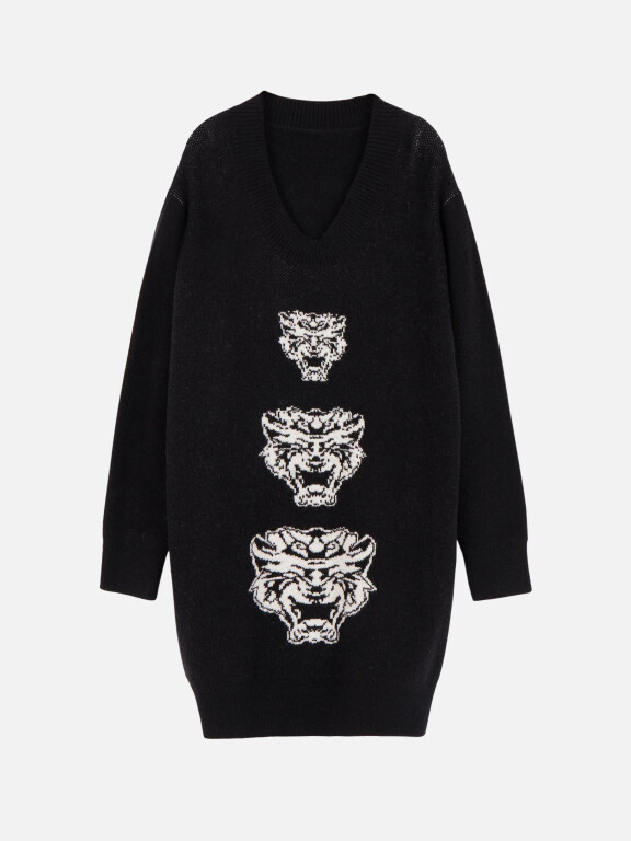 Women's Casual Deep V-Neck Long Sleeve Tiger Pattern Print Short Sweater Dress, Clothing Wholesale Market -LIUHUA, All Categories