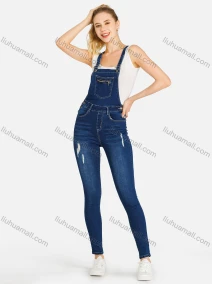 Wholesale Women's Casual Slim Fit Adjustable Strap Distressed Patch Pocket Overall, LIUHUA CLOTHING WHOLESALE