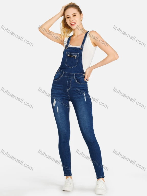 Wholesale Women's Casual Slim Fit Adjustable Strap Distressed Patch Pocket Overall