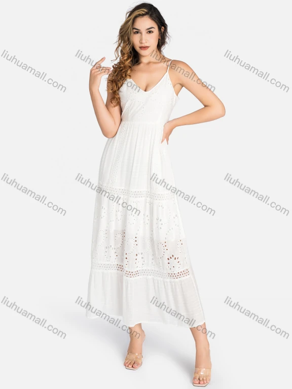 Wholesale Women's Casual Spaghetti Strap Eyelet Embroidered Tie Back Maxi Dress C4248#