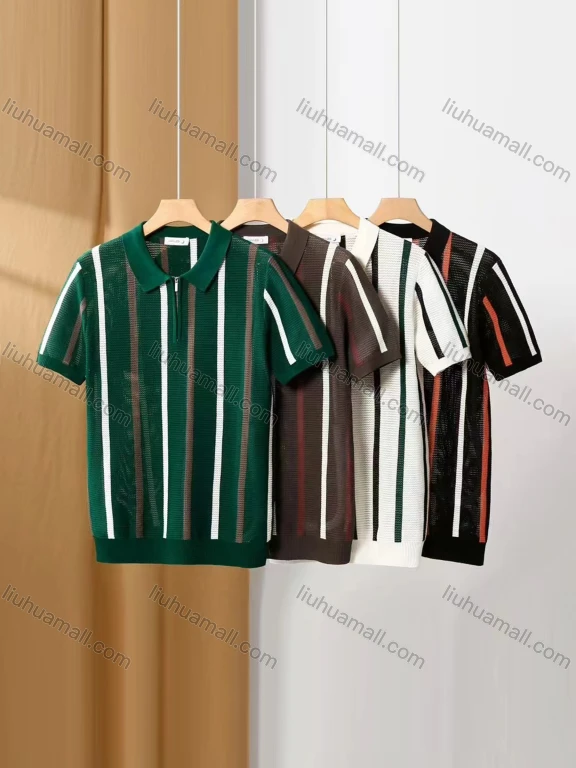 Wholesale Men's Casual Striped Contrast Hollow Out Collared Quarter Zip Short Sleeve Henley Shirt E77052#