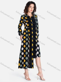Wholesale Women's Casual Polka Dot Button Down Lace Trim Tie Back Asymmetrical Hem Midi Dress, LIUHUA CLOTHING WHOLESALE