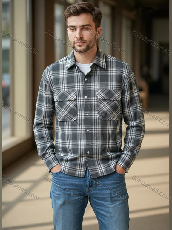 Wholesale Men's Casual Plaid Shirt - Long Sleeve, Embroidered Pockets, Bulk Orders for Retailers