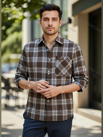 Wholesale Men's Casual Plaid Shirt - Long Sleeve Turn Down Collar, Embroidered Pockets, Bulk Orders