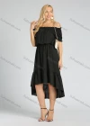 Wholesale Women's Ruched Off Shoulder High Waist High Low Hem Ruffle Trim Casual Midi Dress - Liuhuamall