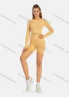 Wholesale Women's Athletic Plain Round Neck Long Sleeve Crop Tops & High Waist Biker Shorts 2 Piece Sports Yoga Set 8037# - Liuhuamall