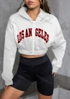 Wholesale Women's Casual Hooded Zipper Colorblock Letter Crop Hoodies - Liuhuamall