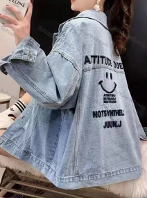 Wholesale Women's Casual Long Sleeve Back Letter Embroidery Distressed Denim Jacket, LIUHUA CLOTHING WHOLESALE