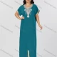 Wholesale Women's Folkloric Vintage Floral Embroidered Trim Short Sleeve Split Front Robe Maxi African Dress Cyan Clothing Wholesale Market Liuhua