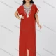 Wholesale Women's Folkloric Vintage Floral Embroidered Trim Short Sleeve Split Front Robe Maxi African Dress Orange Red Clothing Wholesale Market Liuhua