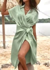 Wholesale Women's Casual Plain Wrap Short Sleeve Ruched Wrap Hem Midi Dress - Liuhuamall