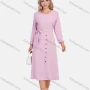 Wholesale Women's Casual Long Sleeve Round Neck Buttons Down Plain Midi Dress With Belt preview