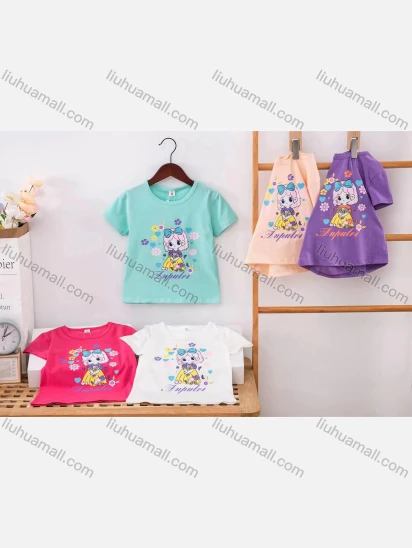 Wholesale Girl's Casual Cartoon Print Round Neck Short Sleeve Modal Cotton Tee