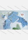 Wholesale Girl's Denim Round Neck Embroidery Bell Sleeves Mesh Floral Print Cutout Top With Belt - Liuhuamall