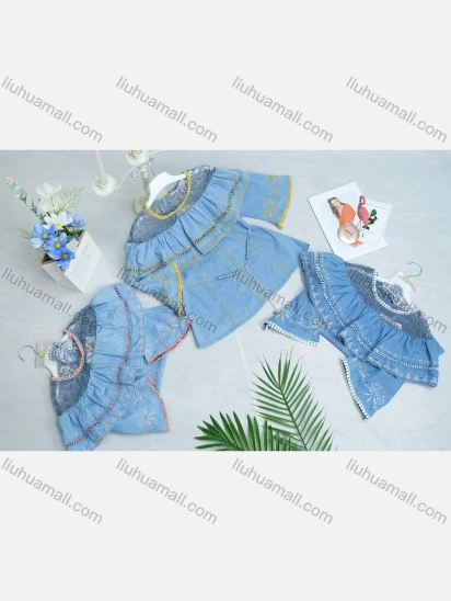Wholesale Girl's Denim Round Neck Embroidery Bell Sleeves Mesh Floral Print Cutout Top With Belt
