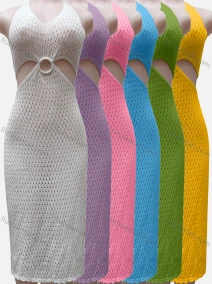 Wholesale Women's Vacation Beachwear Halter Sleeveless Plain Knit Cover Up Dress 2029#, LIUHUA CLOTHING WHOLESALE