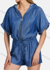 Wholesale Women's Casual Plain Hooded Rolled Sleeve Ruched Zipper Drawstring Denim Romper - Liuhuamall