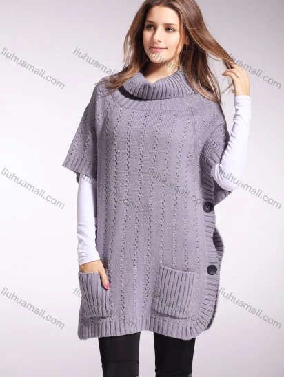 Wholesale Women's Turtleneck Button Side Plain Dual Pockets Pullover Sweater
