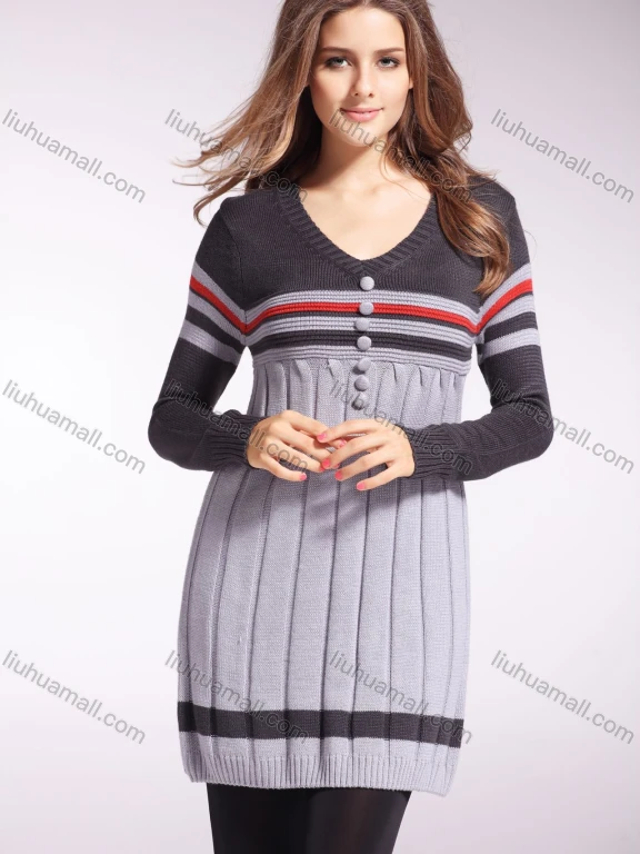 Wholesale Women's V Neck Long Sleeve Striped Button Decor Pullover Sweater