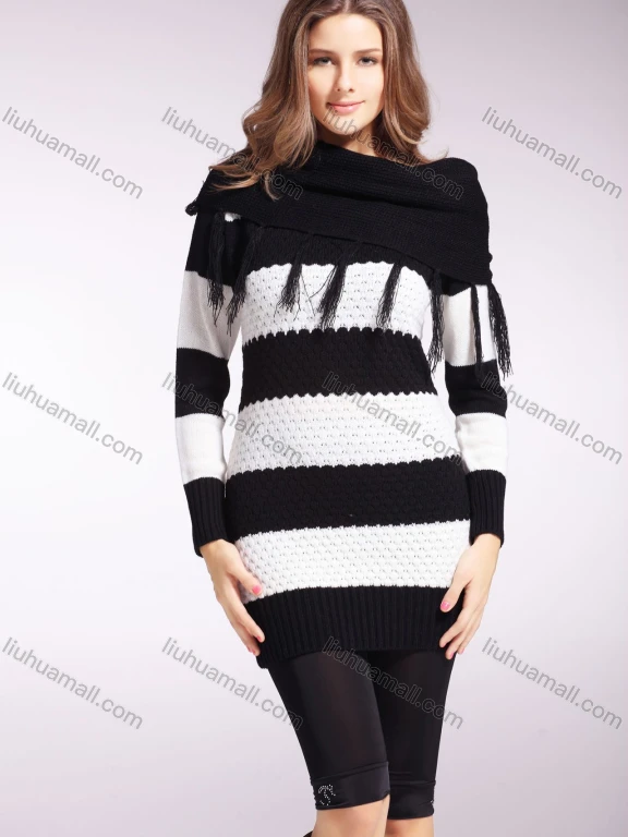 Wholesale Women's Colorblock Long Sleeve Mid Length Pullover Sweater