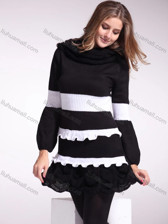 Wholesale Women's Colorblock High Neck Long Sleeve Sweater Short Dress