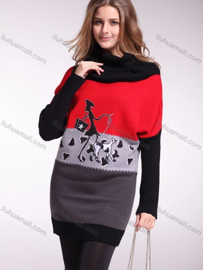 Wholesale Women's High Neck Colorblock Cartoon Pullover Sweater