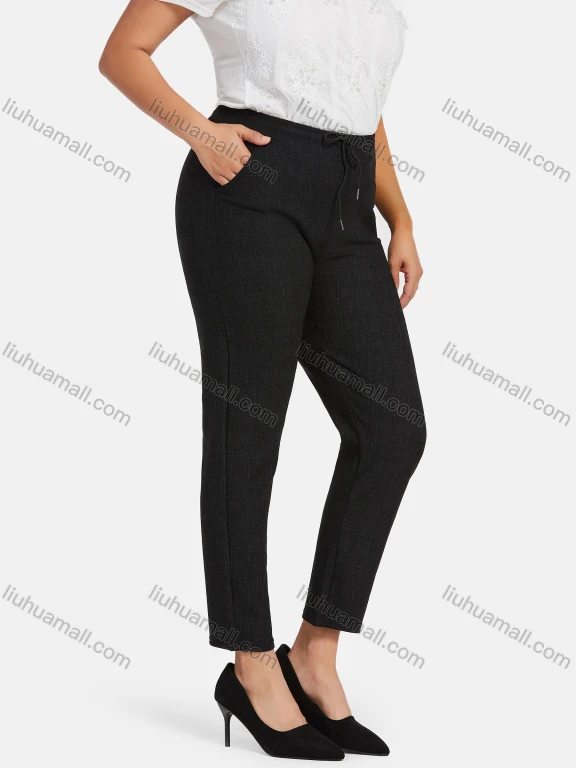 Wholesale Women's Casual Plus Size High Elastic Plaid Print Stright Leg Pants With Drawstring 33106#
