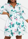 Wholesale Women's Casual Wrap V Neck 3/4 Sleeve Floral Print Lace Up Tiered Short Dress 3101# - Liuhuamall