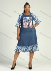 Wholesale Women's Casual Floral Print Half Sleeve Ruffle Hem Slant Pocket Denim Dress - Liuhuamall