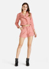 Wholesale Women's Casual Plain Suede Button Front Lapel Crop Jacket With Shorts 2 Piece Set - Liuhuamall
