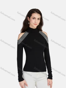 Wholesale Women's Plain Mock Neck Rhinestone Cold Shoulder Long Sleeve Blouse, LIUHUA CLOTHING WHOLESALE