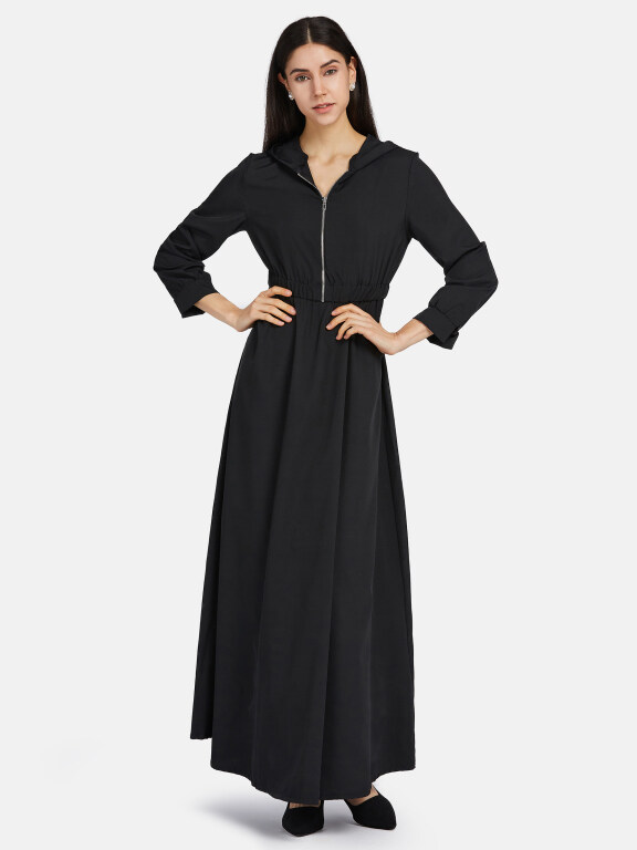 Women's Casual Long Sleeve Zipper Elastic Waist Hooded Plain Maxi Dress 2166-754162#, Clothing Wholesale Market -LIUHUA, Women, Dress