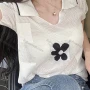 Wholesale Women's Casual Turn-down Collar Short Sleeve Plain Knit Crop Top M944# preview