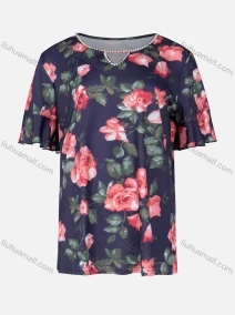 Wholesale Women's Casual Round Neck Ruffle Sleeve Pearl Hollow Out Flower Print T-Shirt, LIUHUA CLOTHING WHOLESALE