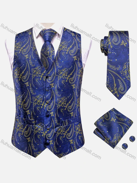Wholesale Men's Formal Paisley Print Silky Waistcoat With Necktie & Kerchief & Cufflinks 4-piece Set