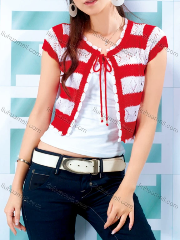 Wholesale Women's Casual Striped Colorblock Crew Neck Hollow Out Lace Up Crop Cardigan 9#