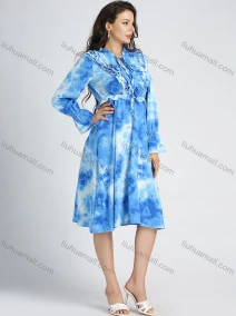 Wholesale Women's Tie Dye Ruffle Trim Tie Neck Bell Sleeve Knee Length Dress, LIUHUA CLOTHING WHOLESALE