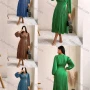 Wholesale Women's Casual Plain Wrap V Neck Puff Sleeve Pleated Midi Dress preview