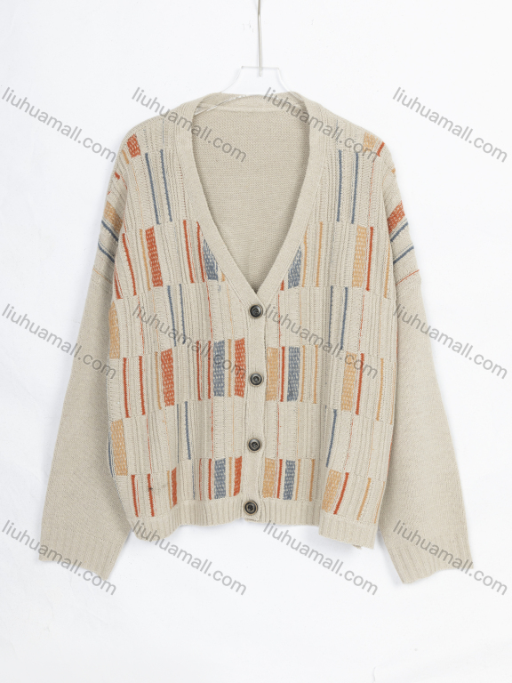 Wholesale Women's Casual Colorful Striped V Neck Long Sleeve Button Down Knit Cardigan 8570#