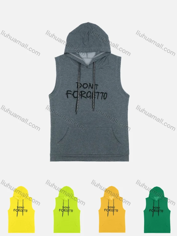 Wholesale Men's 100%Cotton Casual Drawstring Letter Slogan Print Hooded Tank Top With Kangaroo Pocket MS2017#