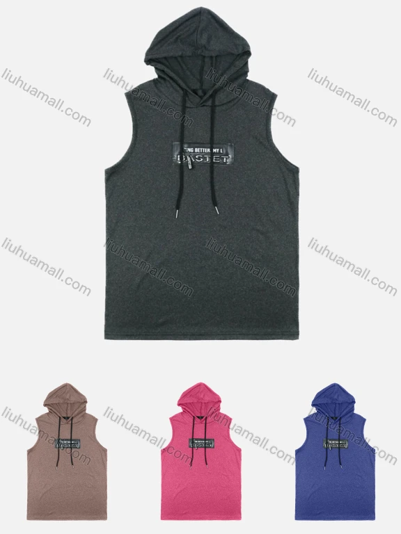 Wholesale Men's Athletic Sleeveless Letter Badge Hooded Drawstring Tank Tops MS2018#