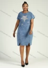Wholesale Women's Casual Round Neck Short Sleeve Star Pattern Dual Pockets Slit Midi Denim Dress - Liuhuamall