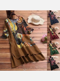 Wholesale Women's Casual Half Sleeve Scoop Neck Folk Art Print Splicing Layered Maxi Dress With Patch Pocket, LIUHUA CLOTHING WHOLESALE