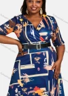 Wholesale Women's Casual Wrap V Neck Half Sleeve Leather Belt Allover Print Dress - Liuhuamall